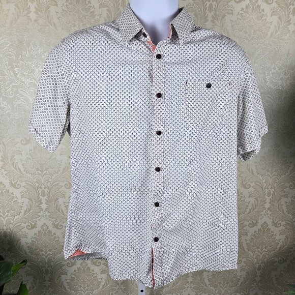 LON NYC Across The Pond Size L Diamond and Dot Pattern Short Sleeve Button Down - Picture 1 of 16